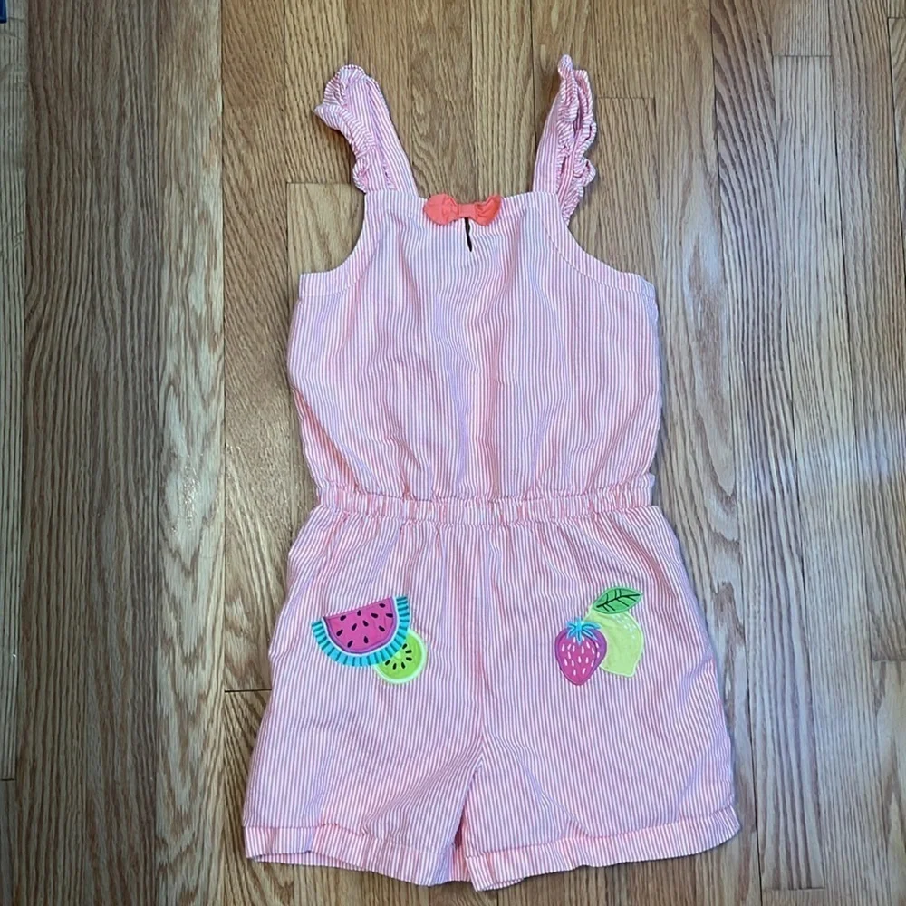 Girls Applique Fruit Seersucker Romper - Festive Fruit 12
